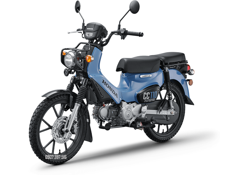 Honda Cross Cub 110 2026 xanh dương nhìn góc trước với đèn tròn và phanh đĩa